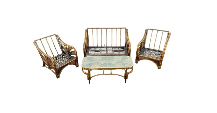 Pamono Rattan Reed Bamboo Sofa with Chairs and Table, 1970s, Set of 4 Online