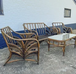 Pamono Rattan Reed Bamboo Sofa with Chairs and Table, 1970s, Set of 4 Online