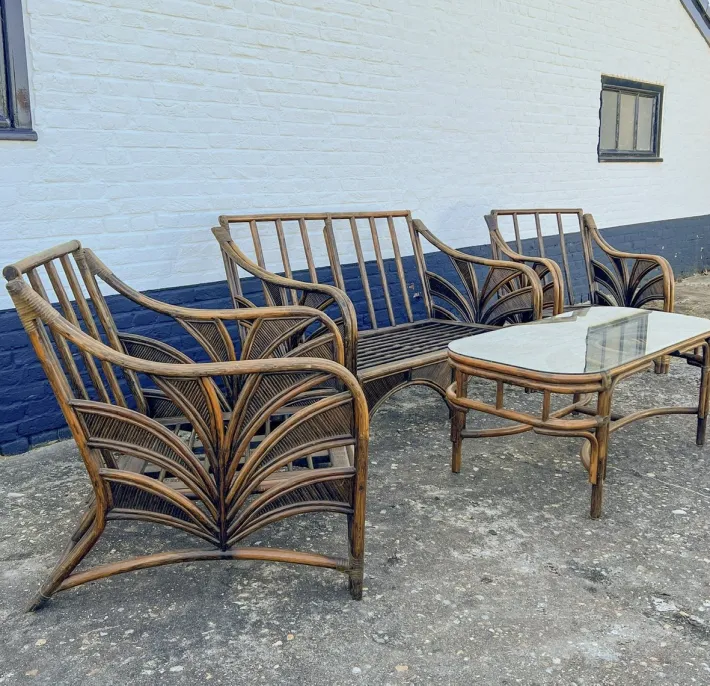 Pamono Rattan Reed Bamboo Sofa with Chairs and Table, 1970s, Set of 4 Online