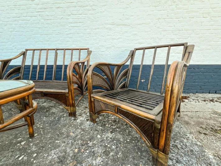 Pamono Rattan Reed Bamboo Sofa with Chairs and Table, 1970s, Set of 4 Online