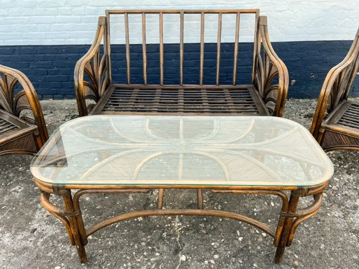 Pamono Rattan Reed Bamboo Sofa with Chairs and Table, 1970s, Set of 4 Online