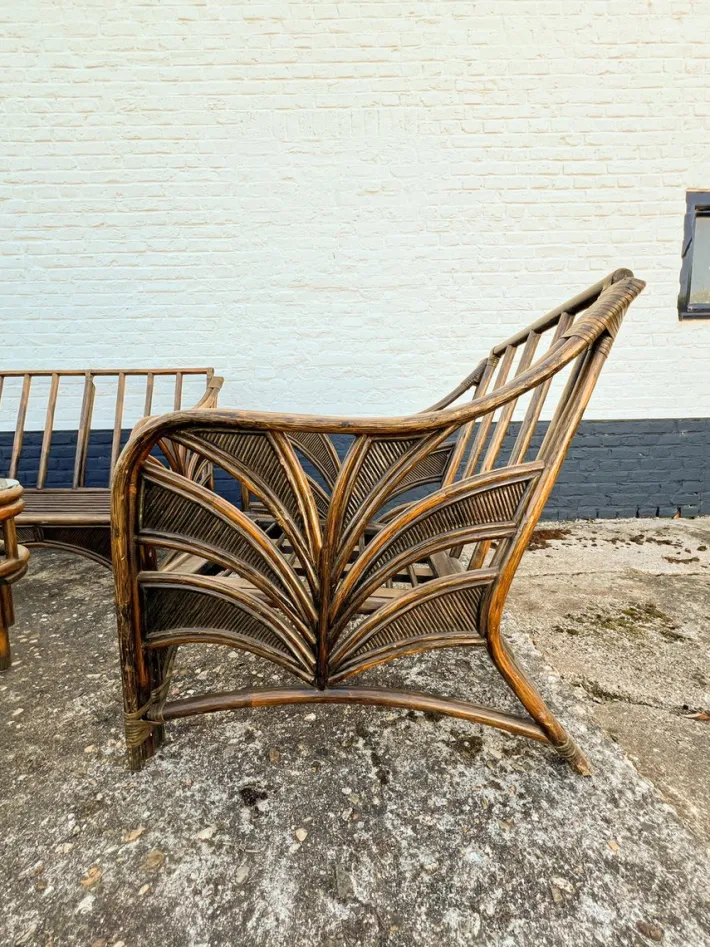 Pamono Rattan Reed Bamboo Sofa with Chairs and Table, 1970s, Set of 4 Online