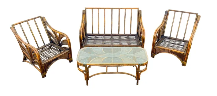 Pamono Rattan Reed Bamboo Sofa with Chairs and Table, 1970s, Set of 4 Online