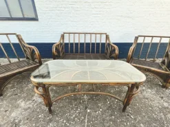 Pamono Rattan Reed Bamboo Sofa with Chairs and Table, 1970s, Set of 4 Online