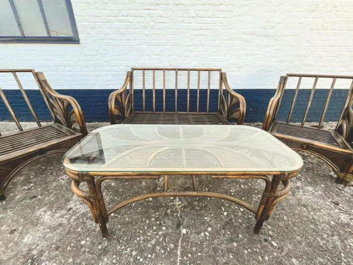 Pamono Rattan Reed Bamboo Sofa with Chairs and Table, 1970s, Set of 4 Online