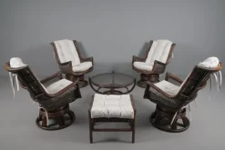 Pamono Rattan Rotating and Tiltable Armchairs, Stool & Coffee Table, Italy, 1960s, Set of 6 New