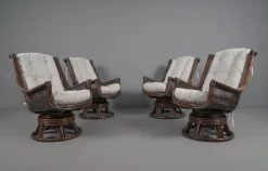 Pamono Rattan Rotating and Tiltable Armchairs, Stool & Coffee Table, Italy, 1960s, Set of 6 New