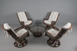 Pamono Rattan Rotating and Tiltable Armchairs, Stool & Coffee Table, Italy, 1960s, Set of 6 New