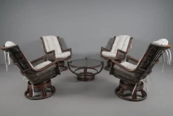 Pamono Rattan Rotating and Tiltable Armchairs, Stool & Coffee Table, Italy, 1960s, Set of 6 New