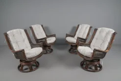Pamono Rattan Rotating and Tiltable Armchairs, Stool & Coffee Table, Italy, 1960s, Set of 6 New