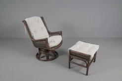 Pamono Rattan Rotating and Tiltable Armchairs, Stool & Coffee Table, Italy, 1960s, Set of 6 New
