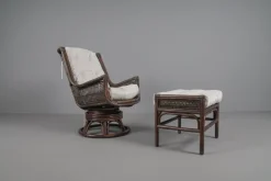 Pamono Rattan Rotating and Tiltable Armchairs, Stool & Coffee Table, Italy, 1960s, Set of 6 New