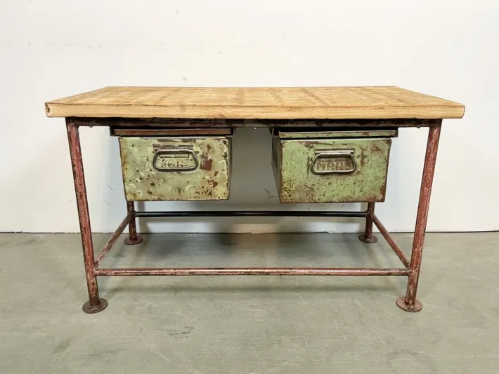 Pamono Red Industrial Worktable with Two Green Iron Drawers, 1960s Sale