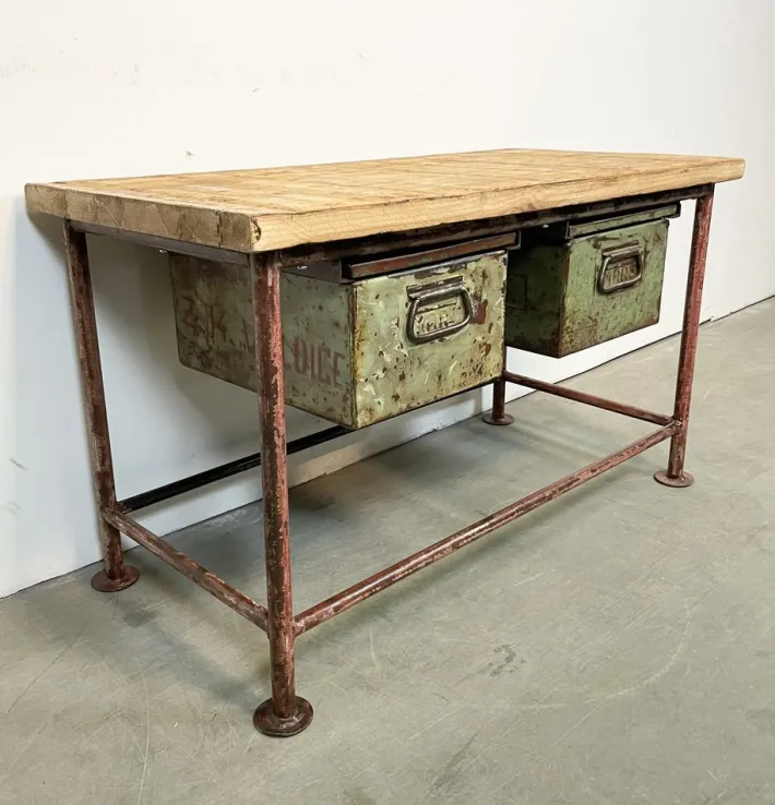 Pamono Red Industrial Worktable with Two Green Iron Drawers, 1960s Sale