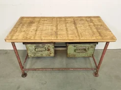 Pamono Red Industrial Worktable with Two Green Iron Drawers, 1960s Sale