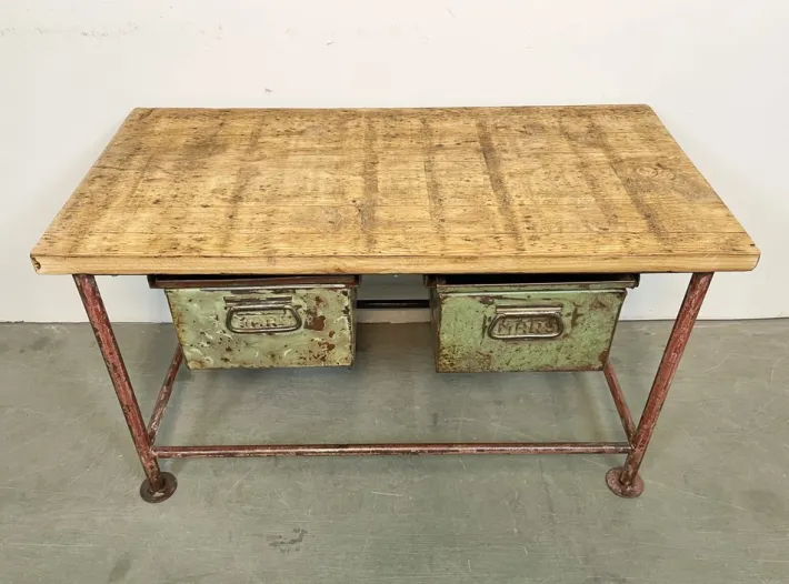 Pamono Red Industrial Worktable with Two Green Iron Drawers, 1960s Sale