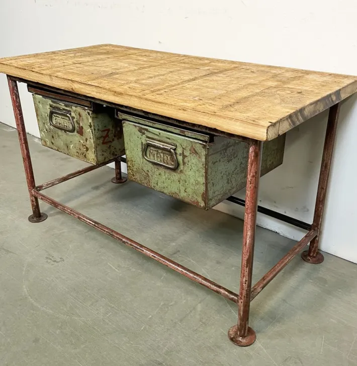 Pamono Red Industrial Worktable with Two Green Iron Drawers, 1960s Sale