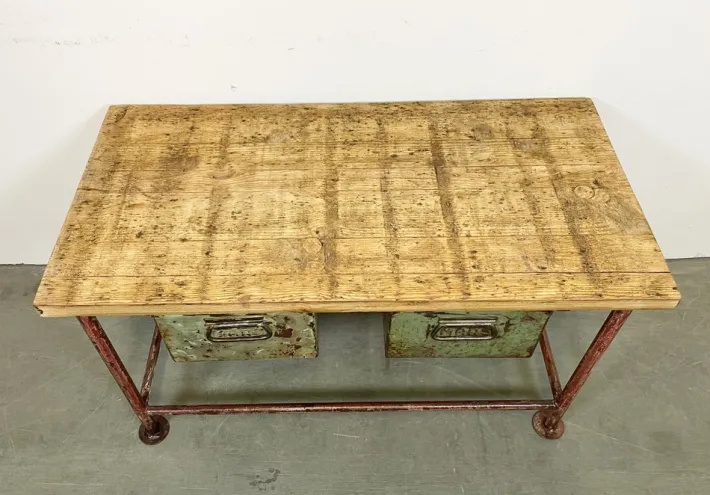 Pamono Red Industrial Worktable with Two Green Iron Drawers, 1960s Sale