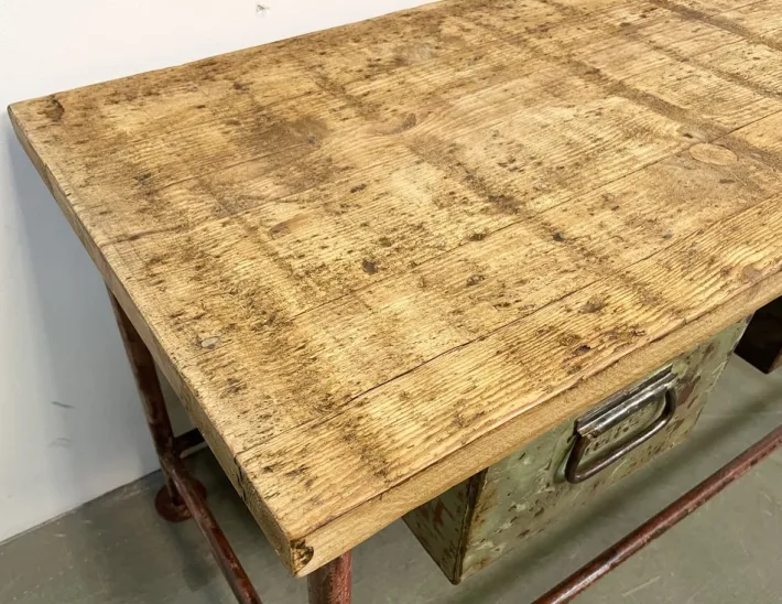 Pamono Red Industrial Worktable with Two Green Iron Drawers, 1960s Sale