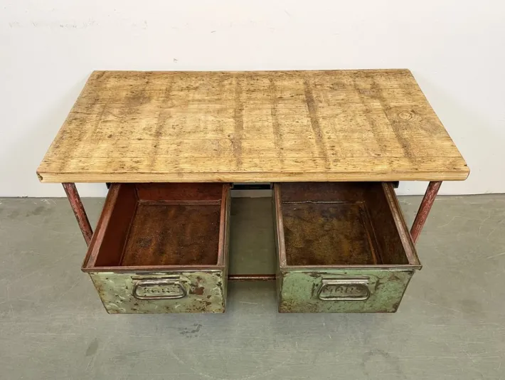 Pamono Red Industrial Worktable with Two Green Iron Drawers, 1960s Sale