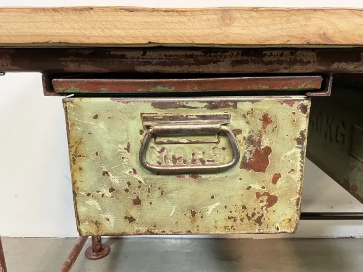 Pamono Red Industrial Worktable with Two Green Iron Drawers, 1960s Sale