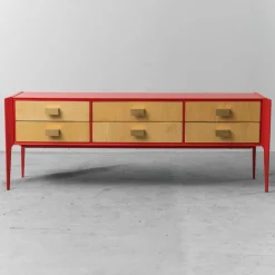 Pamono Red Wooden Chest of Drawers, 1960s New
