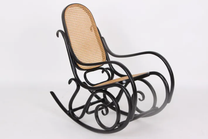 Pamono Rocking Chair in Black Lacquered Wood and French Wicker in the style of Thonet, 1970s Online