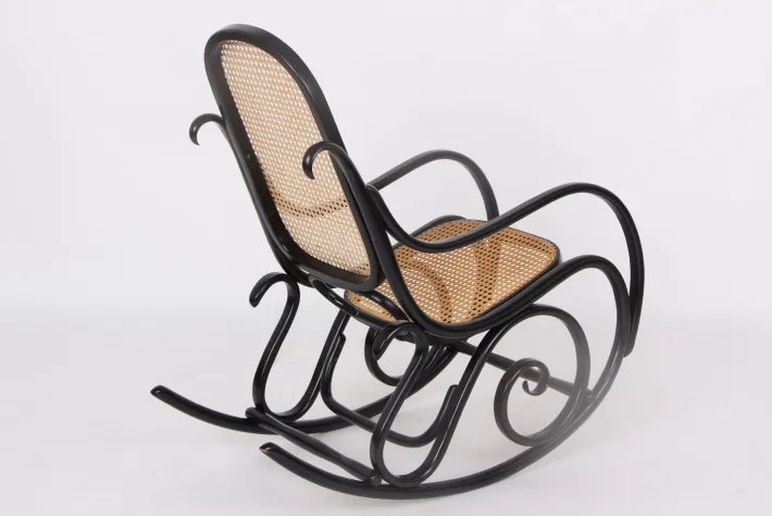 Pamono Rocking Chair in Black Lacquered Wood and French Wicker in the style of Thonet, 1970s Online
