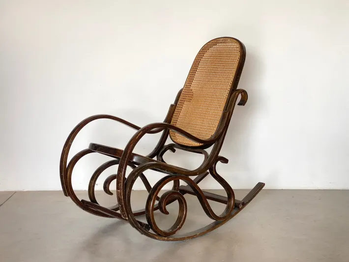 Pamono Rocking Chair in Wood and Straw, 1960s Outlet