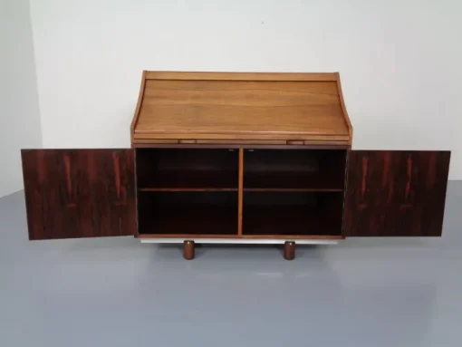 Pamono Rosewood and Leather Tambour Writing Desk by Gianfranco Frattini for Bernini, Italy, 1964 Hot