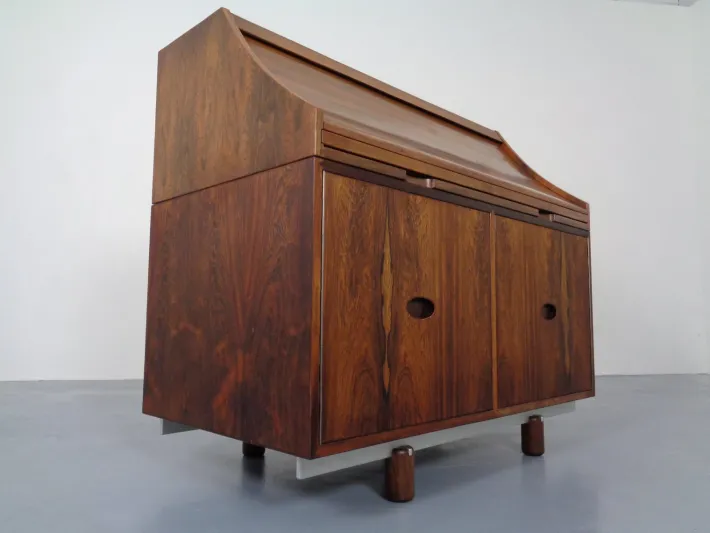 Pamono Rosewood and Leather Tambour Writing Desk by Gianfranco Frattini for Bernini, Italy, 1964 Hot