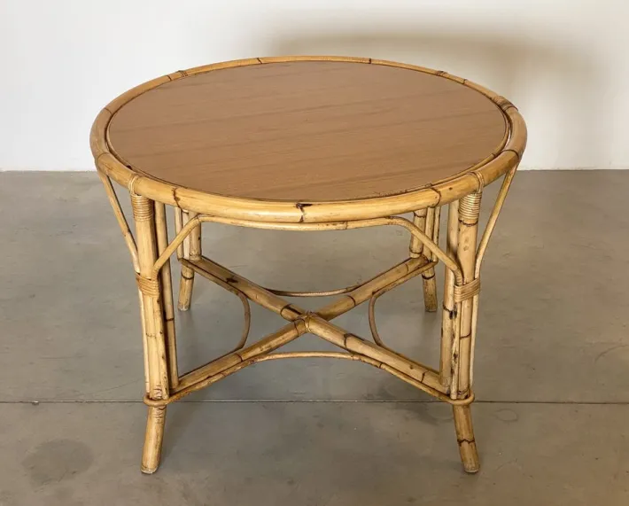 Pamono Round Bamboo Game Table, 1970s Online