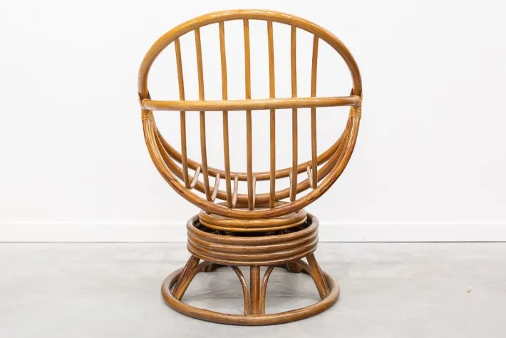 Pamono Round Bamboo Swivel Armchair, 1970s