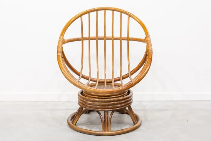 Pamono Round Bamboo Swivel Armchair, 1970s