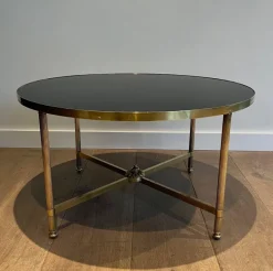 Pamono Round Coffee Table in Brass with Black Lacquered Glass Top by Maison Jansen New