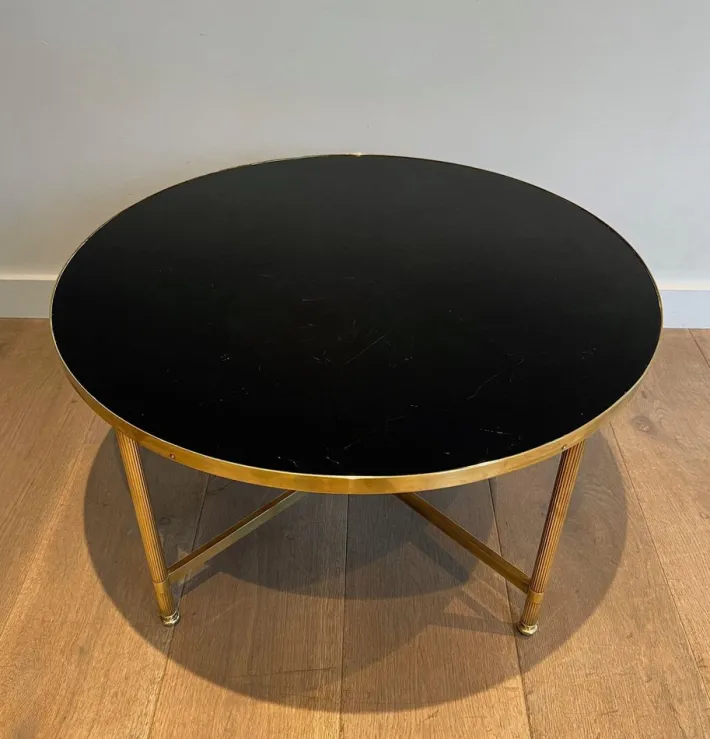 Pamono Round Coffee Table in Brass with Black Lacquered Glass Top by Maison Jansen New