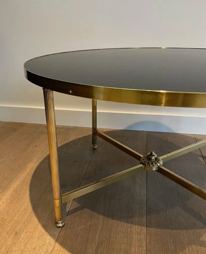 Pamono Round Coffee Table in Brass with Black Lacquered Glass Top by Maison Jansen New