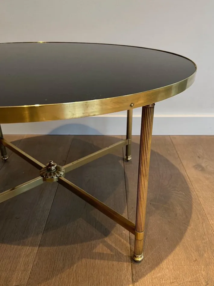 Pamono Round Coffee Table in Brass with Black Lacquered Glass Top by Maison Jansen New