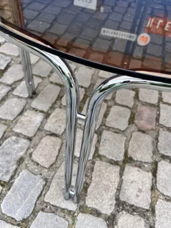 Pamono Round Dining Table in Smoked Glass and Chrome Sale