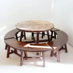 Pamono Round Table with Curved Benches by Pierre Chapo, France, 1960s, Set of 5