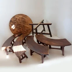 Pamono Round Table with Curved Benches by Pierre Chapo, France, 1960s, Set of 5