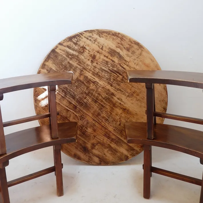 Pamono Round Table with Curved Benches by Pierre Chapo, France, 1960s, Set of 5