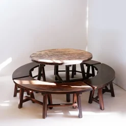 Pamono Round Table with Curved Benches by Pierre Chapo, France, 1960s, Set of 5