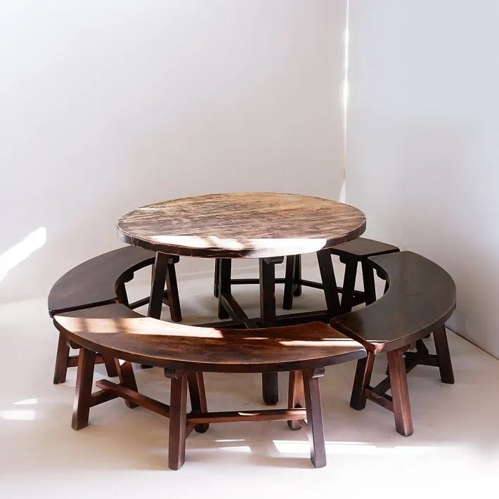Pamono Round Table with Curved Benches by Pierre Chapo, France, 1960s, Set of 5