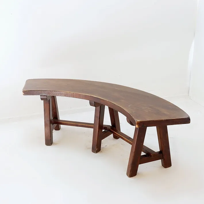 Pamono Round Table with Curved Benches by Pierre Chapo, France, 1960s, Set of 5