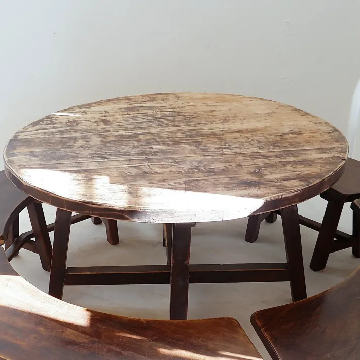 Pamono Round Table with Curved Benches by Pierre Chapo, France, 1960s, Set of 5