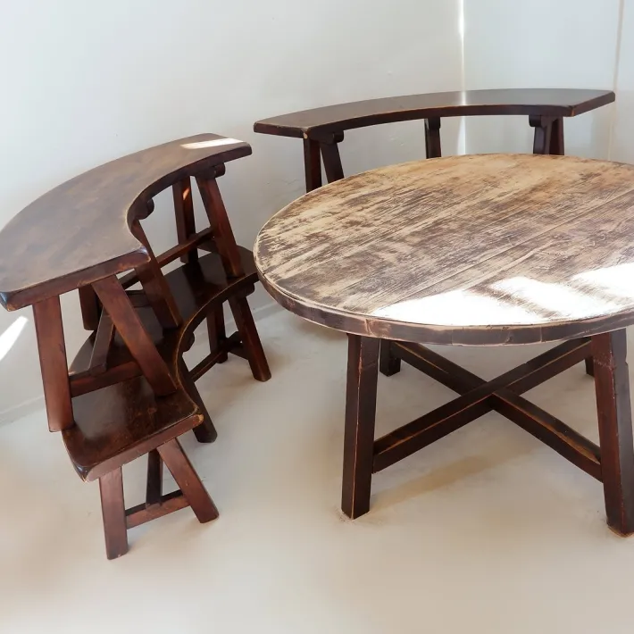 Pamono Round Table with Curved Benches by Pierre Chapo, France, 1960s, Set of 5