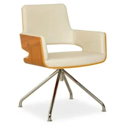 Pamono S 847 Swivel Chair in Cream Leather and Brown Wood from Thonet Best