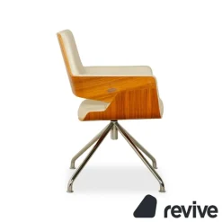 Pamono S 847 Swivel Chair in Cream Leather and Brown Wood from Thonet Best