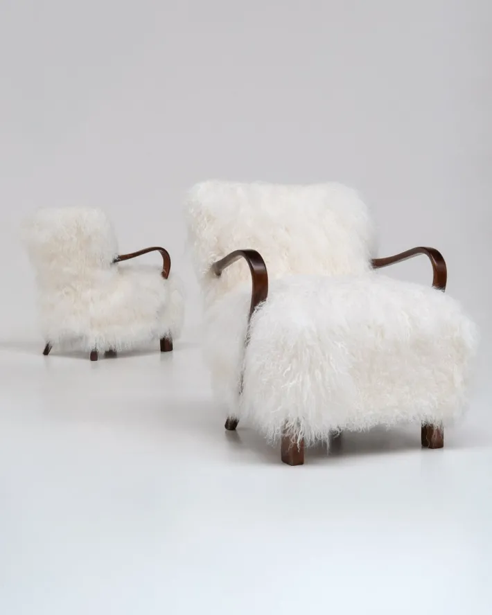 Pamono Scandinavian Art Deco Lounge Chairs in Mongolian Sheepskin, 1950s, Set of 2 Sale